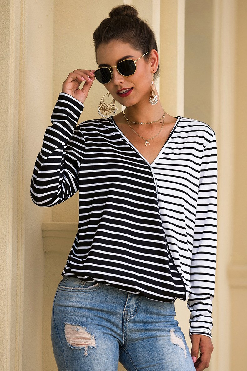 3100- Autumn Winter New Fashion V-neck Striped Long Sleeve Women Loose T-Shirt