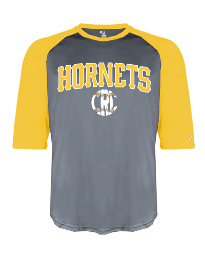 4133- CRC HORNETS Graphite/Gold Badger ADULT Three-Quarter Sleeve Baseball T-Shirt
